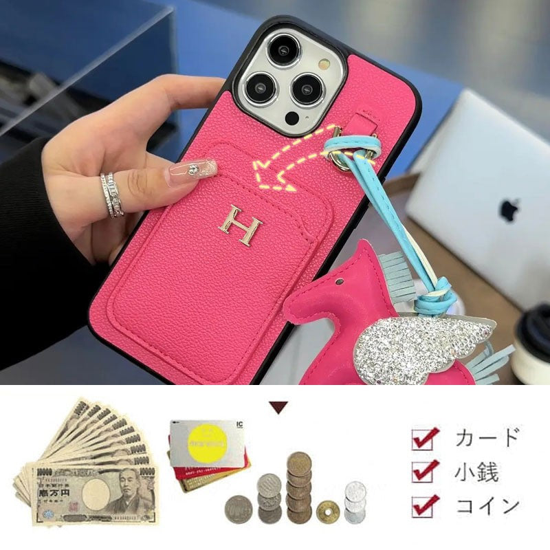 超薄型カードケース＆可愛いポニーチャーム付き本革製スマホケース