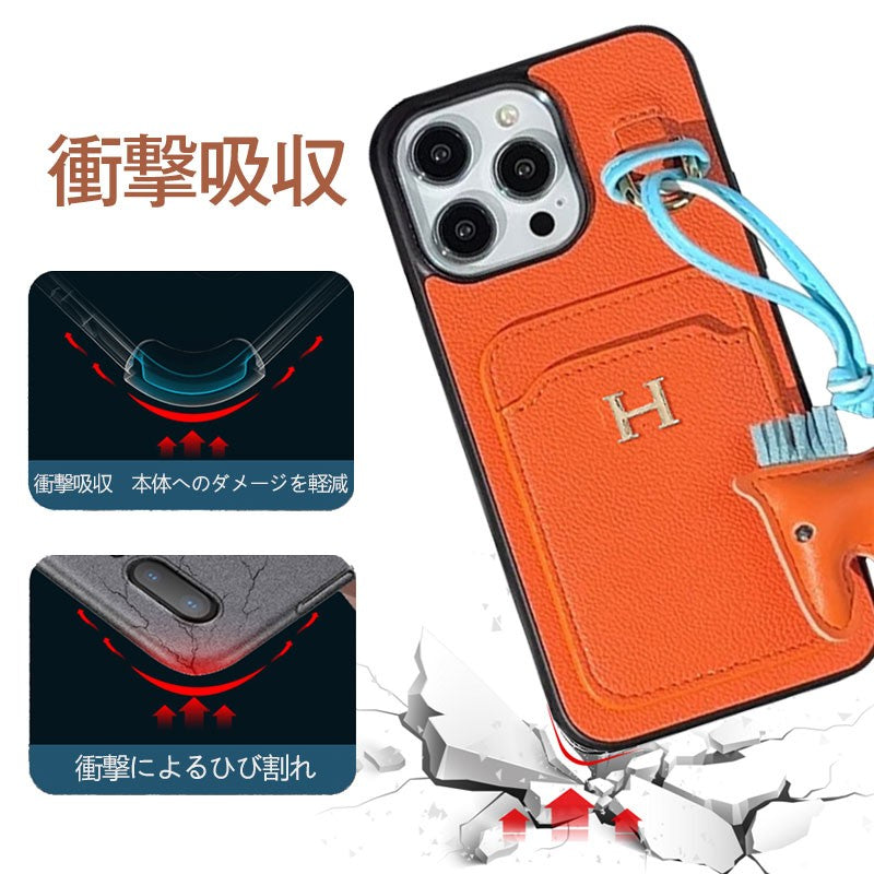 超薄型カードケース＆可愛いポニーチャーム付き本革製スマホケース