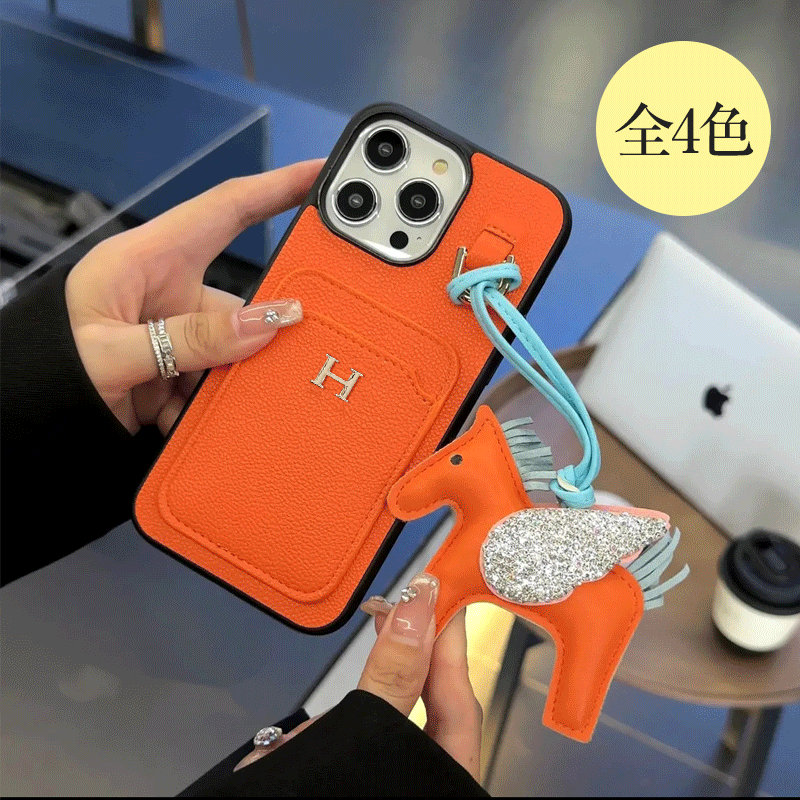 超薄型カードケース＆可愛いポニーチャーム付き本革製スマホケース