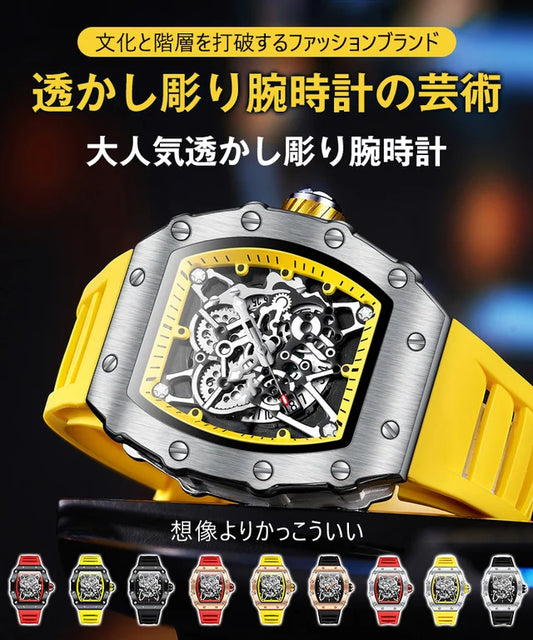 メンズ腕時計 機械式デザイン、高精度、生活防水、夜光機能、合金ケース、サファイアガラス、シリコーンバンド